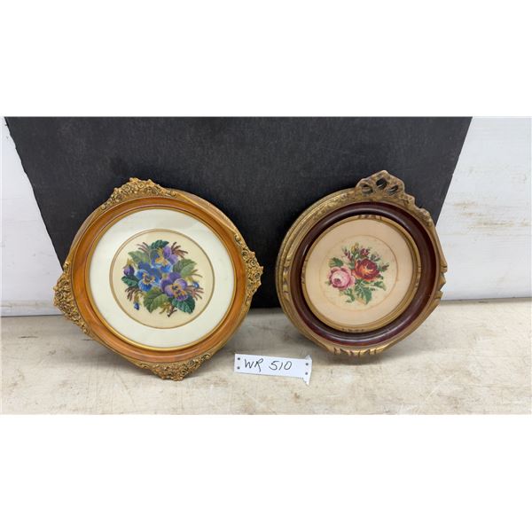 Two Vintage Framed Floral Needlepoint Artworks, Pansies and Roses in Ornate Gilt Frames, 11 × 11”