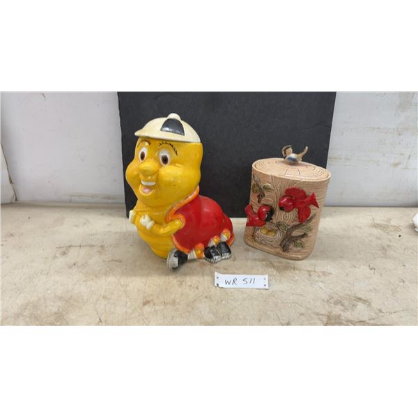Vintage ESD Japan Hand-Painted Ceramic Cardinal Tree Stump Cookie Jar and Caterpillar Cookie Jar