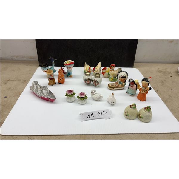 Vintage Ceramic Salt and Pepper Shaker Collection, Chickens, Swans, Native Americans, Boat