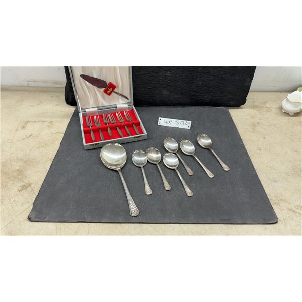 Silver-Plated EPNS Serving Spoon, 6 Floral Spoons, Vintage Sheffield Cake Server and Forks in Case