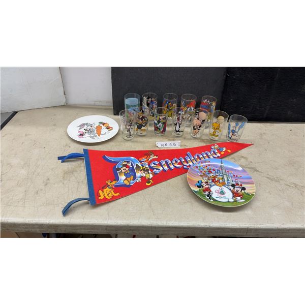 Walt Disney World 20 Magical Years Commemorative Plate, and Glasses Mickey, Minnie, Donald and
