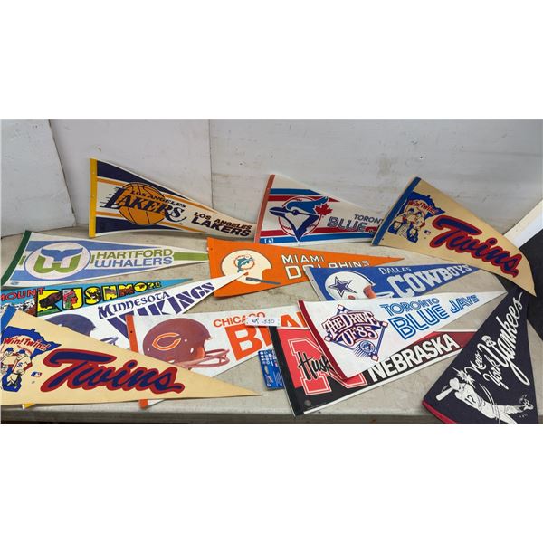 Vintage Sports Pennants Including Lakers, Blue Jays, Twins, Whalers, Dolphins, Cowboys