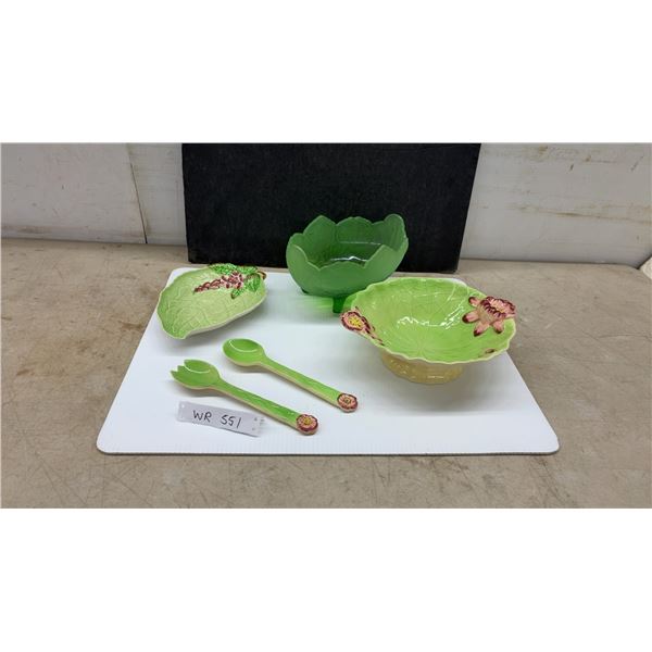 Hand Painted Stafford Lettuce Dish with Salad Servers, Carletonware Leaf and Green footed Dish