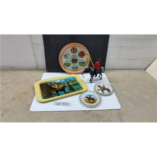 RCMP Souvenir Collection, Copper Tray, Metal Tray, Mountie Figurine and Two Ceramic Plates