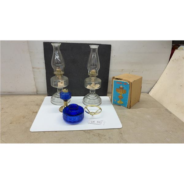 Two Vintage Glass Oil Lamps, 18 1/2” Tall and Blue Glass Oil Lamp, (Missing Parts)