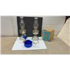 Image 1 : Two Vintage Glass Oil Lamps, 18 1/2” Tall and Blue Glass Oil Lamp, (Missing Parts)
