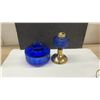 Image 7 : Two Vintage Glass Oil Lamps, 18 1/2” Tall and Blue Glass Oil Lamp, (Missing Parts)