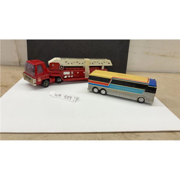 Vintage Buddy L Hook and Ladder Fire Truck and MCI Charter Motorcoach Bus Bank