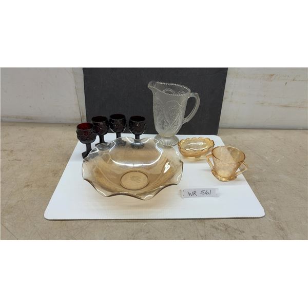 Avon Ruby Red Goblets, Pressed Glass Pitcher, and Marigold Carnival Glass Bowls