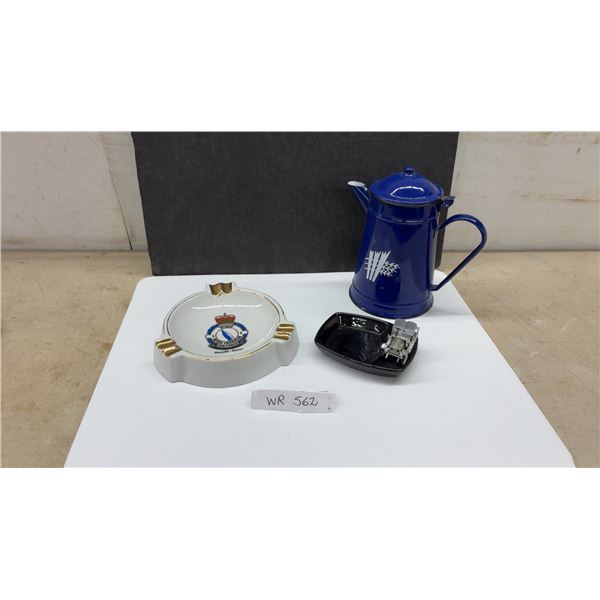 RCAF Marville France Ashtray, Blue Enamel Coffee Pot and Lesney Car Ashtray