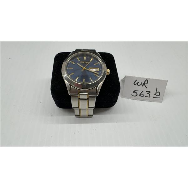 Seiko Quartz Wristwatch with Blue Dial and Two-Tone Stainless Steel Bracelet, New Battery, 37 mm
