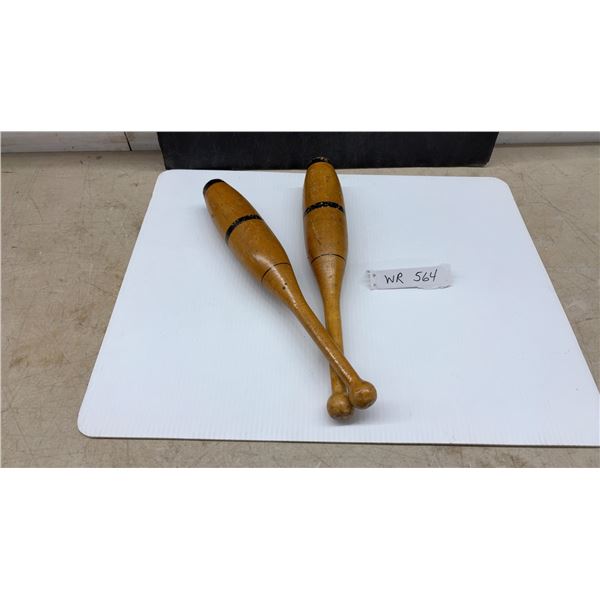 Pair of Vintage Wooden Indian Exercise Clubs With Black Painted Bands