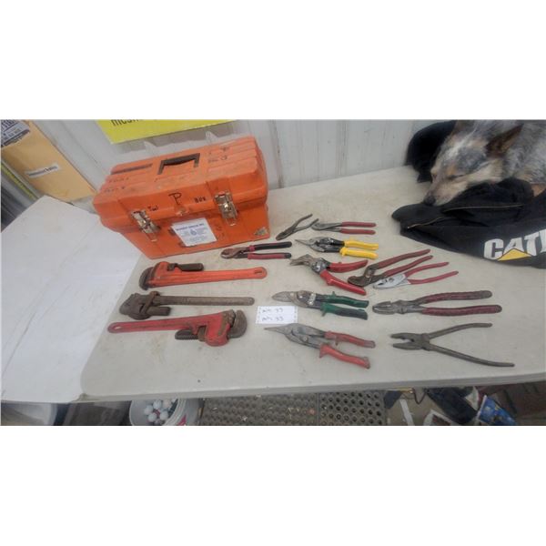 Pipe Wrenches, Tin Snips, Pliers, and Orange Tool Box