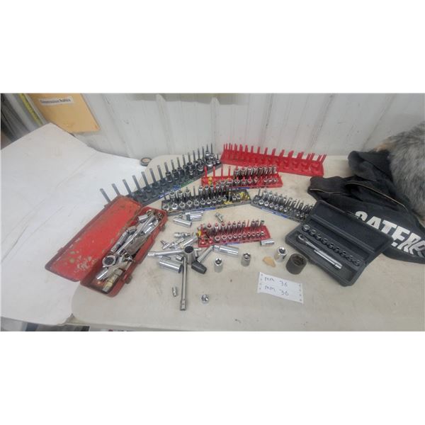 Assorted Socket and Wrench Sets, Including 36 mm Sockets, Ratchets