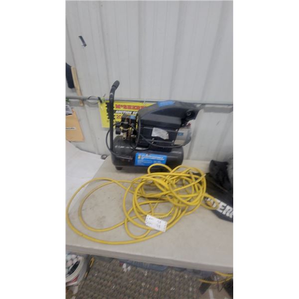 PowerBuilt 2 HP 5.6 Gallon Horizontal Air Compressor and Yellow Air Hose