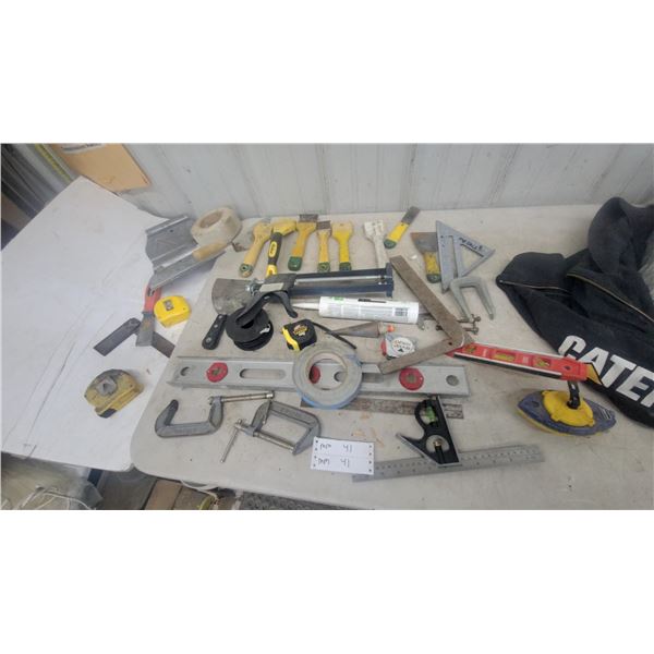 Assorted Construction and Masonry Tools: Caulk Gun, Levels, Trowels, Clamps, Tape Measures