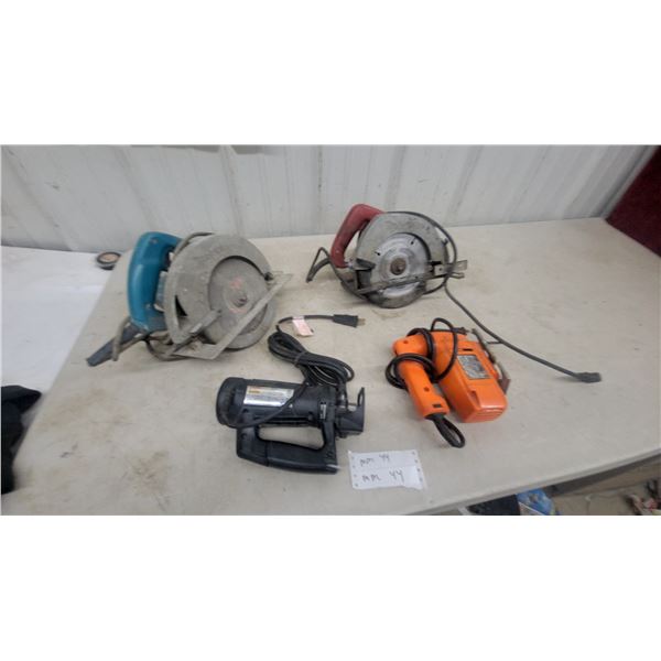 Black and Decker Jigsaw, 2 Makita Circular Saws, and Craftsman Spiral Saw