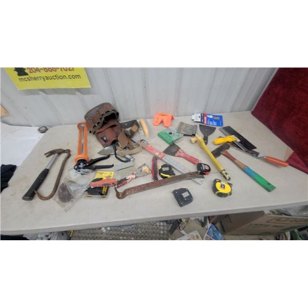 Assorted Hand Tools: Hammers, Tape Measures, Caulking Gun, Trowels, Scrapers