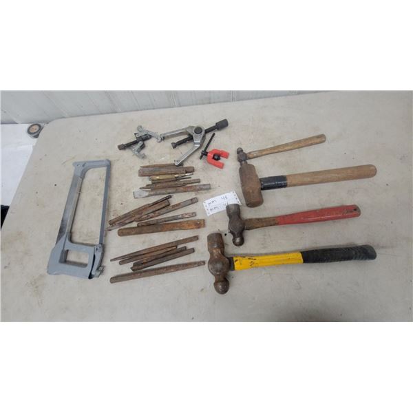 Assorted Hand Tools: Hacksaw, 5 Ball-Peen Hammers, Chisels and Punches, 2 Pullers