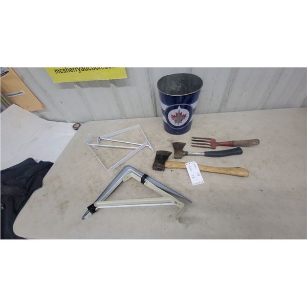 Two Axes, Hand Rake, Two White Metal Brackets, Two Grey Metal Brackets, and Metal Pail