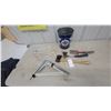 Image 1 : Two Axes, Hand Rake, Two White Metal Brackets, Two Grey Metal Brackets, and Metal Pail