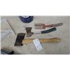 Image 2 : Two Axes, Hand Rake, Two White Metal Brackets, Two Grey Metal Brackets, and Metal Pail