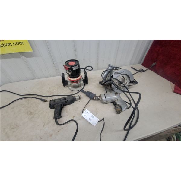 Power Tools: Craftsman 150 Router, Craftsman Circular Saw, and Two Drills