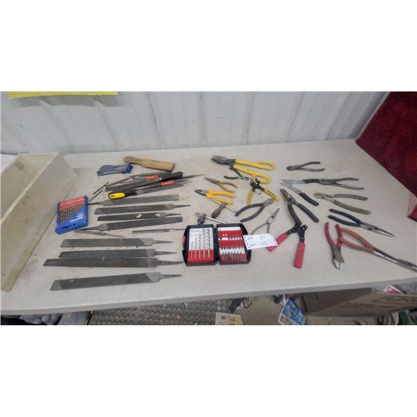 Assorted Pliers, Files, and Drill Bit Sets