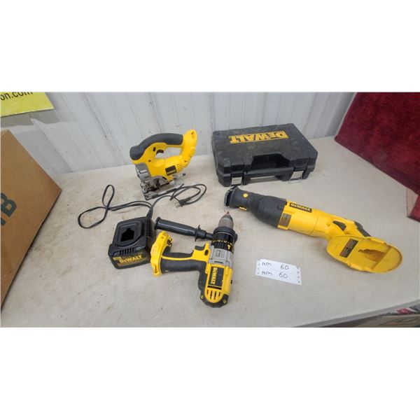 DeWalt XRC Cordless Drill, DeWalt Reciprocating Saw, DeWalt Jigsaw, Charger, and Case no batteries
