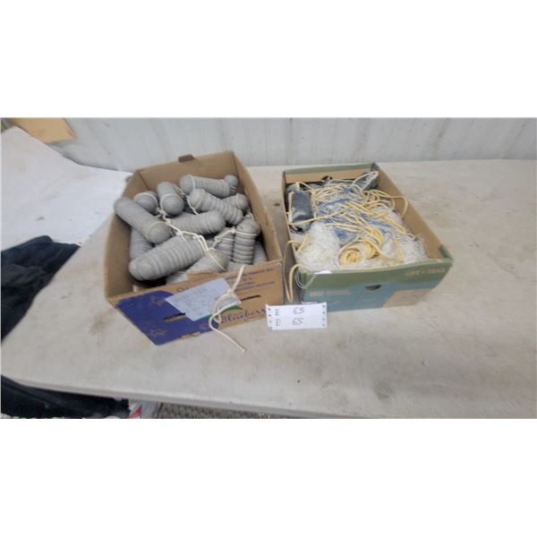 Two Boxes of Fishing Gear: Box of Lead Weights and Box of Fishing Net and Rope