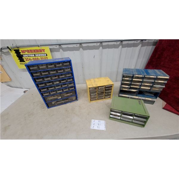 Three Multi-Drawer Small Parts Organizers, One Blue, One Yellow, One Green full of hardware