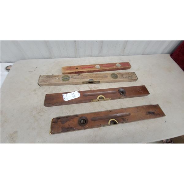 Four Antique Wood and Brass Levels, Various Sizes
