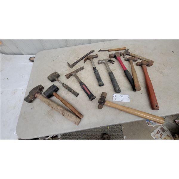 Assorted Hammers and Tools: Ball Peen, Claw, Sledge, Rock, and Rubber Mallets