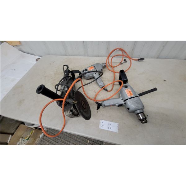 Black and Decker Angle Grinder, Black and Decker 1/2” Drill, and Black and Decker 3/8” Drill