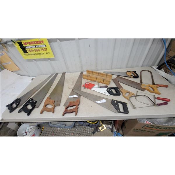 Assorted Hand Saws, Including Bow Saws, Coping Saws, and Miter Box