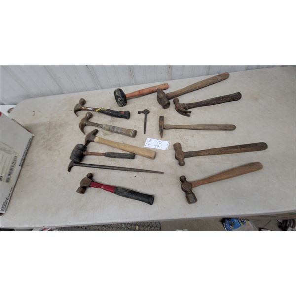 Assorted Hammers and Pry Bar: Stanley Claw Hammer, Sledge Hammer, Ball-Peen Hammer