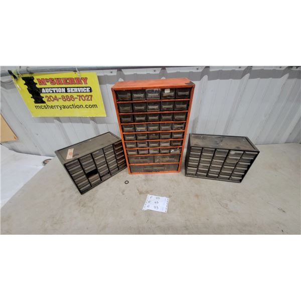 Three Multi-Drawer Small Parts Organizers with Contents, One Orange, Two Gray