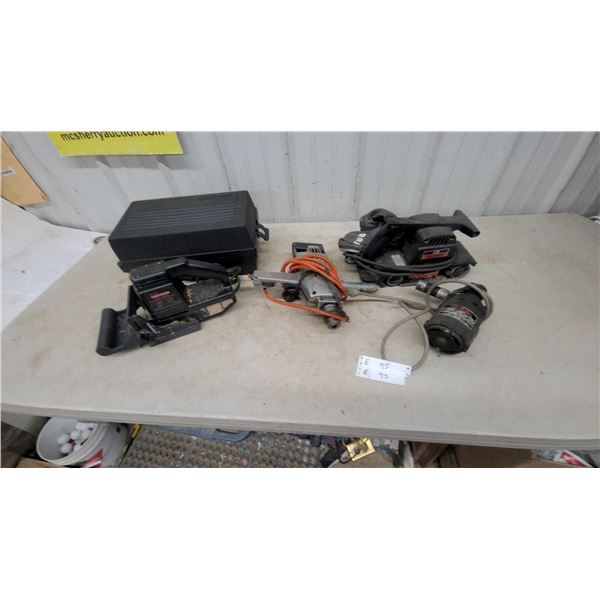 Craftsman Router, Craftsman Belt Sander, and Black and Decker Drill with Attachments