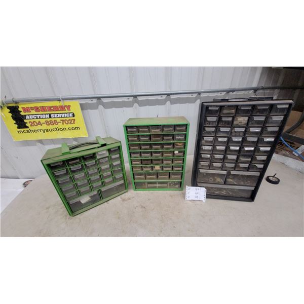 Three Multi-Drawer Small Parts Organizers, Two Green, One Black, with Contents