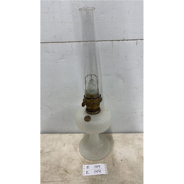 Pillow Style White Milk Glass Oil Lamp with Clear Glass Chimney and Brass Burner Assembly