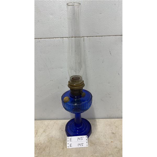 Cobalt Blue Glass Aladdin Lamp with Clear Glass Chimney, Brass Burner and Wick Adjuster