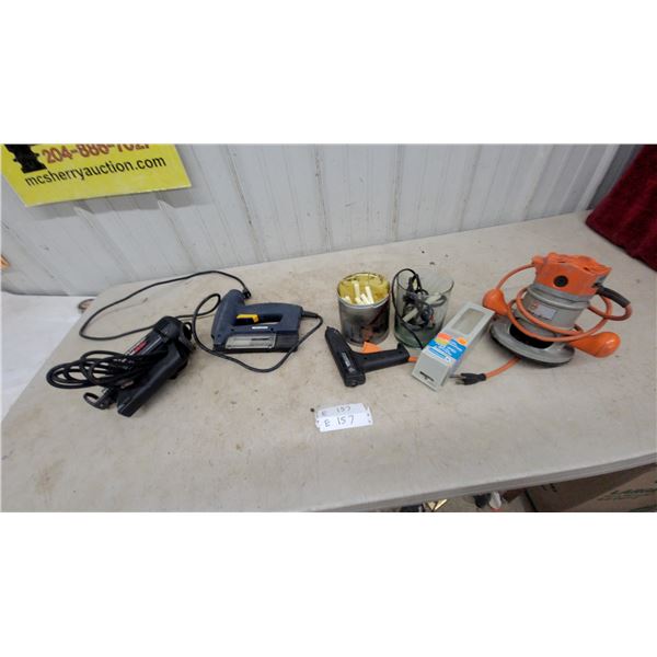 Protozir Spiral Saw, Arrow Fastener T50 Staple Gun, Glue Gun and Sticks, and Router