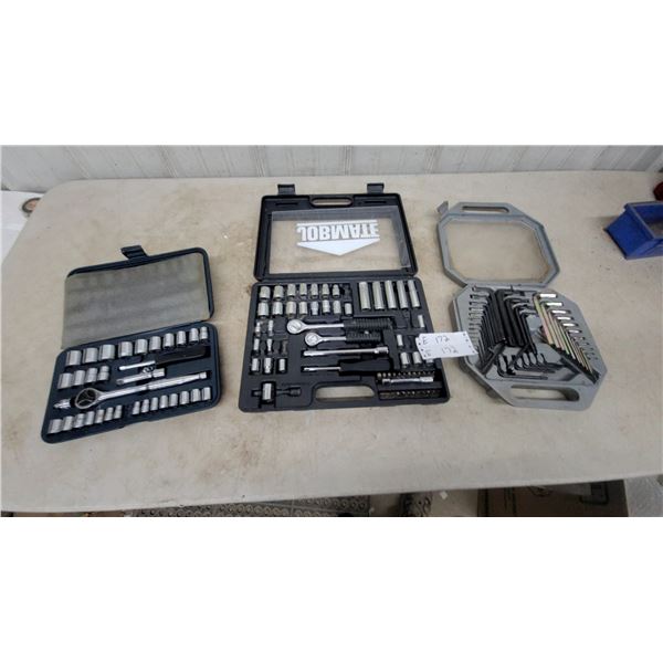 Three Socket and allen Wrench Sets: JOBMATE Socket Set, Unbranded Socket Set, and Hex Key Set