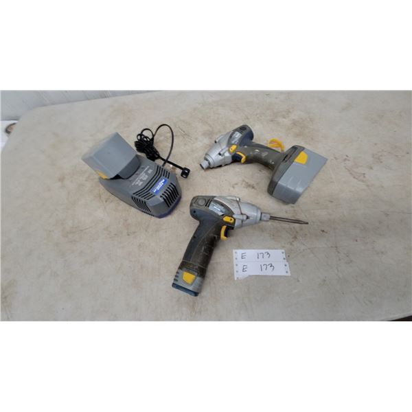 Ryobi P230 and P230 Impact Drivers, P113 Charger, and 2 Batteries