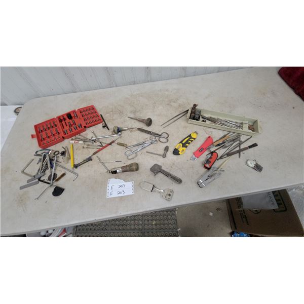 Assorted Hand Tools and Dental Instruments, including Utility Knives, Files, Pliers