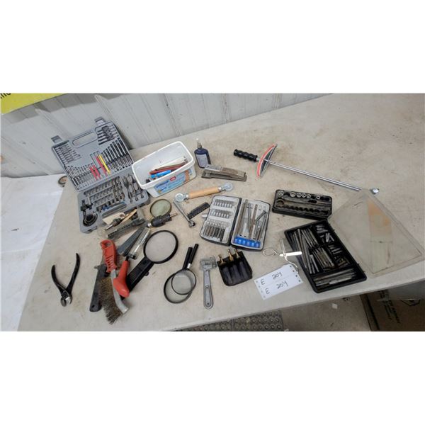 Assorted Hand Tools: Pliers, Wire Brush, Magnifying Glasses, Socket Sets, Torque Wrench