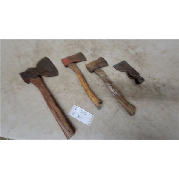 Four Axes, Including One Long-Handled Axe, Two Short-Handled Axes, and One Hatchet