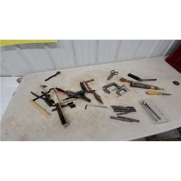 Assorted Wire Brushes, Chisels, Clamps, and Hand Tools