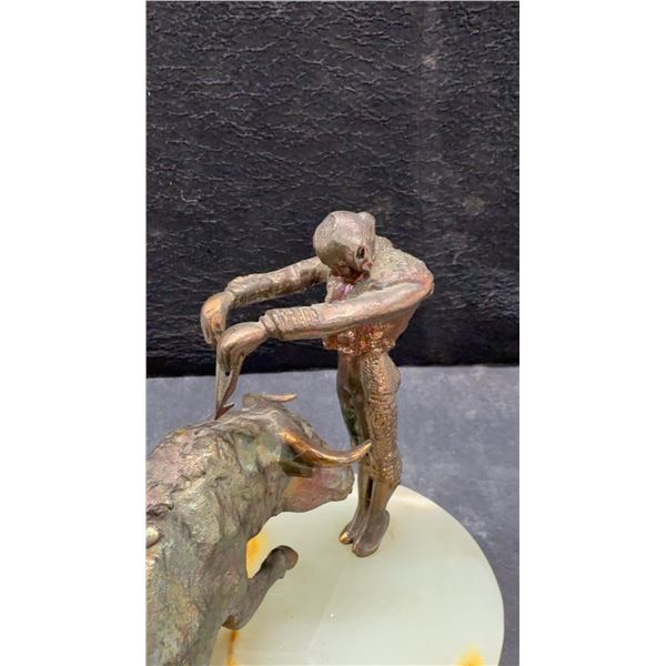 Vintage Mid-Century Cast Bronze Bull and Matador Bullfighting Sculpture on Green Onyx Base
