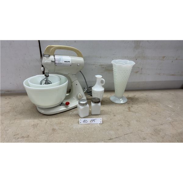 Vintage Philips Mid-Century 10-Speed Combination Stand and Handheld Mixer with Original Milk Glass